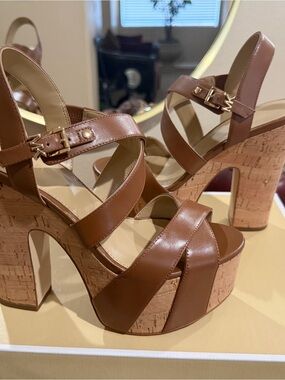 Michael Kors Tan Leather Cork Platform Sandals